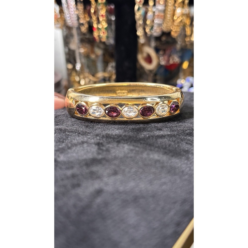 Daniel Swarovski Gold Tone Purple And Clear‎ Crystal Hinge Bracelet (6.75")